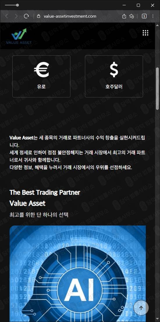 이 사진은 담덕법률사무소에서 캡쳐해둔 투자사기(Value Asset) 웹사이트 캡쳐 사진이며 URL은 value-assetinvestment.com 입니다.