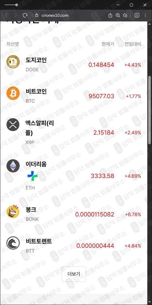 이 사진은 담덕법률사무소에서 캡쳐해둔 코인환급사기(CRION) 웹사이트 캡쳐 사진이며 URL은 crionex10.com 입니다.