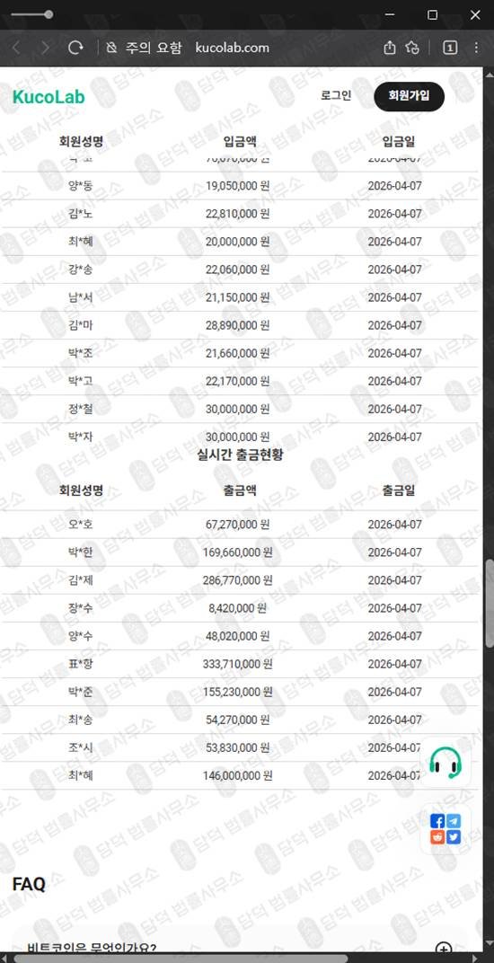 이 사진은 담덕법률사무소에서 캡쳐해둔 예방필수거래소사기(KucoLab) 웹사이트 캡쳐 사진이며 URL은 kucolab.com 입니다.