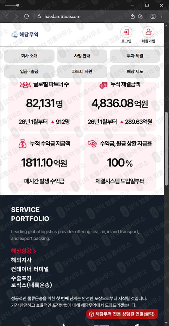 이 사진은 담덕법률사무소에서 캡쳐해둔 해담무역사기피해예방(URL) 웹사이트 캡쳐 사진이며 URL은 haedamtrade.com 입니다.