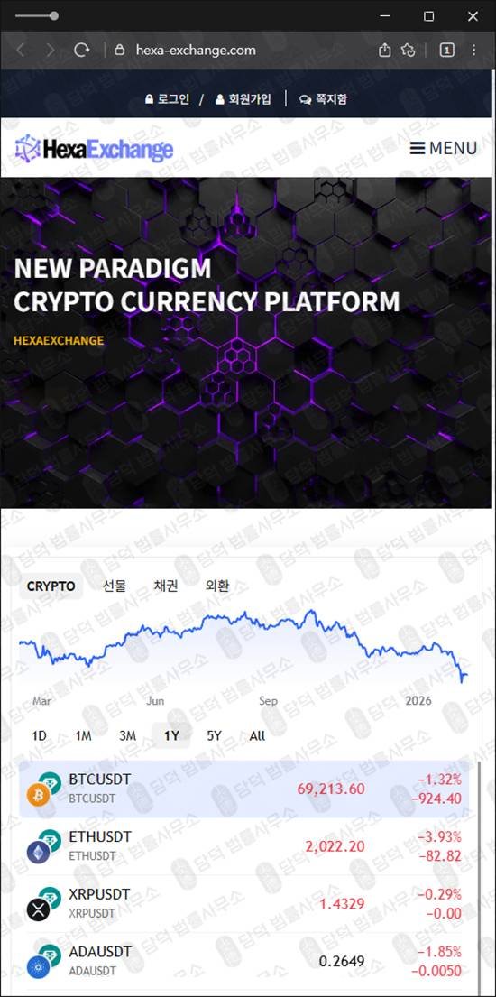 이 사진은 담덕법률사무소에서 캡쳐해둔 사칭(Hexa Exchange) 웹사이트 캡쳐 사진이며 URL은 hexa-exchange.com 입니다.