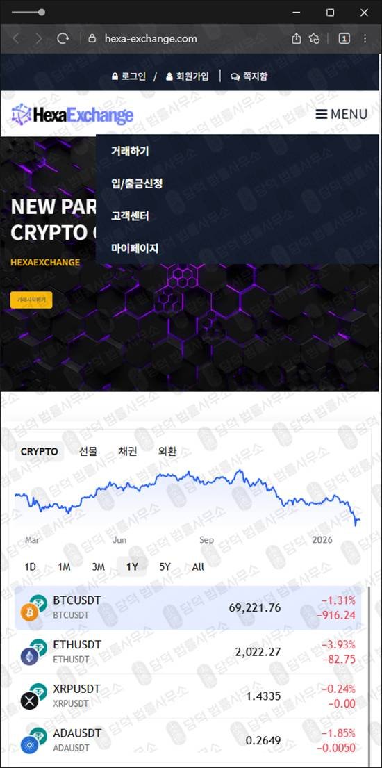 이 사진은 담덕법률사무소에서 캡쳐해둔 사칭(Hexa Exchange) 웹사이트 캡쳐 사진이며 URL은 hexa-exchange.com 입니다.