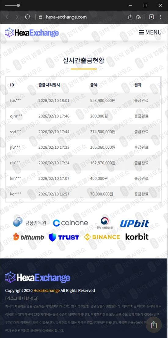 이 사진은 담덕법률사무소에서 캡쳐해둔 사칭(Hexa Exchange) 웹사이트 캡쳐 사진이며 URL은 hexa-exchange.com 입니다.