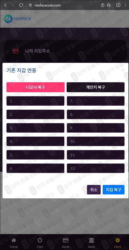 이 사진은 담덕법률사무소에서 캡쳐해둔 사칭(NXPC) 웹사이트 캡쳐 사진이며 URL은 nexpacecoin.com 입니다.