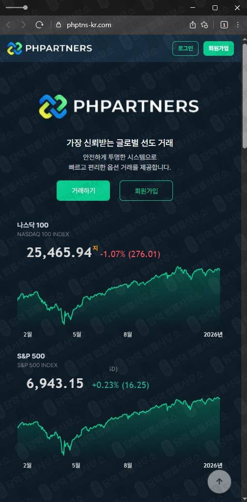 이 사진은 담덕법률사무소에서 캡쳐해둔 옵션거래(PHPARTNERS) 웹사이트 캡쳐 사진이며 URL은 phptns-kr.com 입니다.