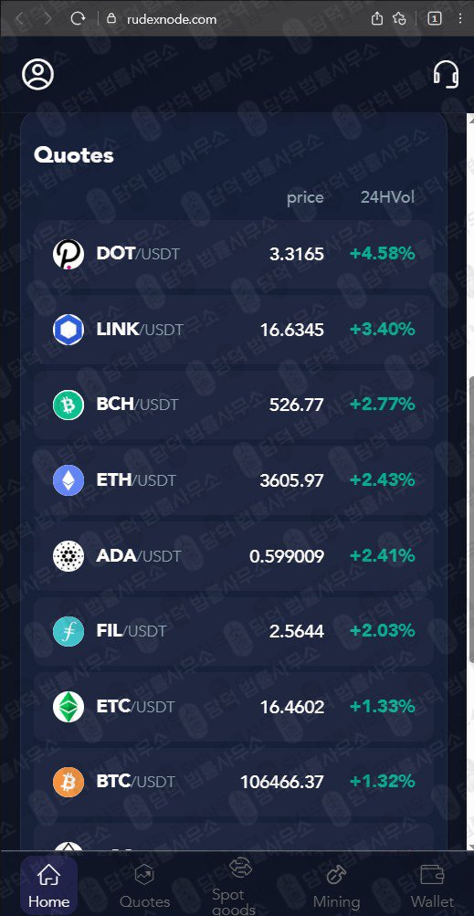 이 사진은 담덕법률사무소에서 캡쳐해둔 사칭(Node) 웹사이트 캡쳐 사진이며 URL은 rudexnode.com 입니다.