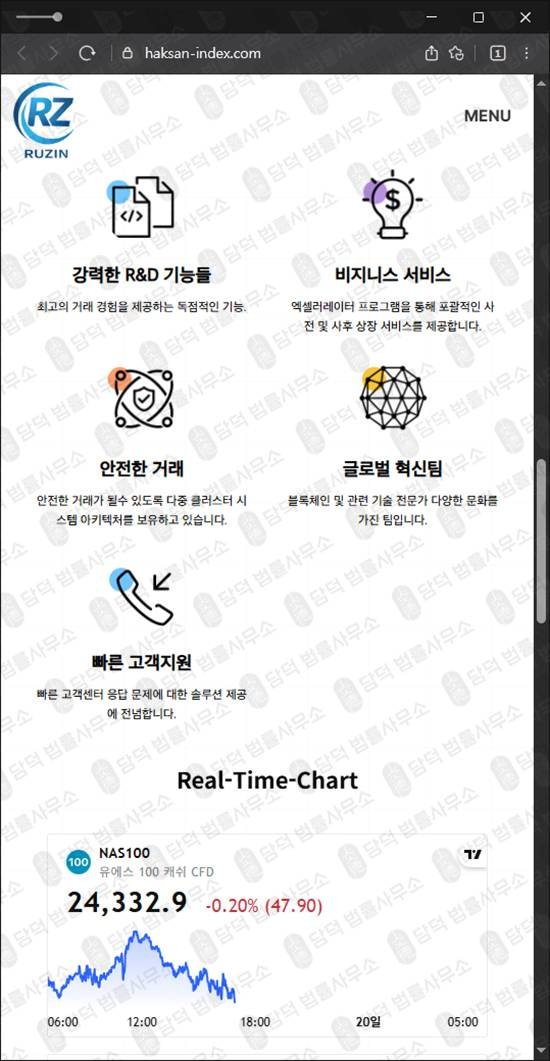 이 사진은 담덕법률사무소에서 캡쳐해둔 지수거래(Ruzin Trad) 웹사이트 캡쳐 사진이며 URL은 haksan.com 입니다.