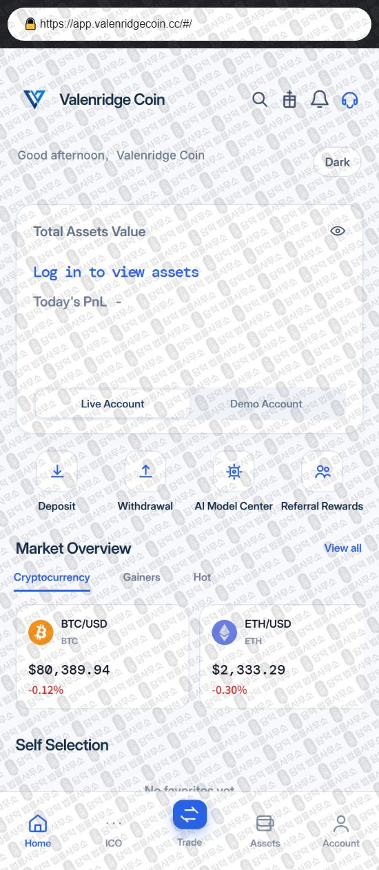 이 사진은 담덕법률사무소에서 캡쳐해둔 어플(VNRGHub) 웹사이트 캡쳐 사진이며 URL은 valenridgecoin.cc 입니다.