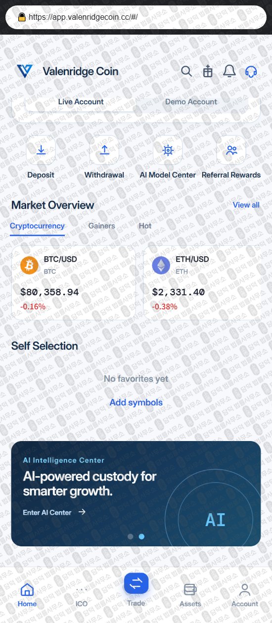 이 사진은 담덕법률사무소에서 캡쳐해둔 어플(VNRGHub) 웹사이트 캡쳐 사진이며 URL은 valenridgecoin.cc 입니다.